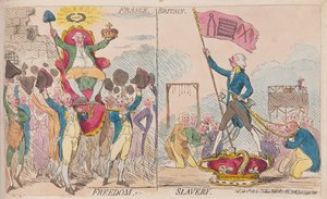 Frankrike Frihet, Storbritannien Slaveri, pub. 1789 (handfärgad gravyr) av James Gillray