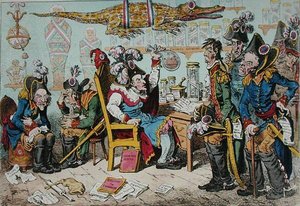 Franska generaler som går i pension på grund av sin hälsa med Lepaux som ordförande i Directorial Dispensary, publicerad av Hannah Humphrey 1799 (handfärgad etsning) av James Gillray