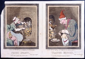 Frying Sprats, or Royal Supper, och Toasting Muffins, or Royal Breakfast, utgiven av Hannah Humphrey 1791 (handkolorerad etsning).