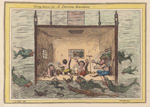 Going down in a Diving Machine, pub 1801 (handfärgad gravyr) av James Gillray