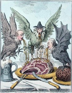Harpyier som förstör festmåltiden, utgiven av Hannah Humphrey 1799 (handkolorerad etsning) av James Gillray
