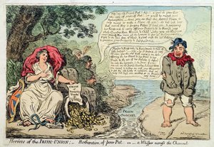 Den irländska unionens fasor: Botheration of Poor Pat, or A Whisper across the Channel, utgiven av Hannah Humphrey 1798 (handkolorerad etsning)