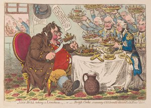 John Bull tar Luncheon eller brittiska kockar som proppar Old Grumble Gizzard med Bonne Chere, pub 1798 (handfärgad gravyr)