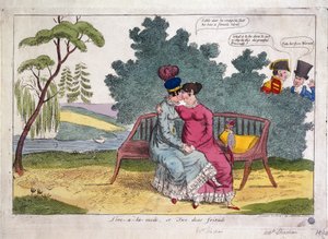 Lady Strachan och Lady Warwick älskar i en park, medan deras män tittar på med ogillande. av James Gillray