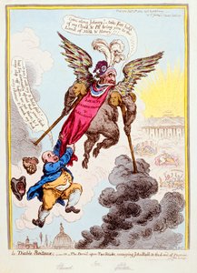 Le Diable-Boiteux, eller Djävulen på två pinnar som förmedlar John Bull till det löftes land, utgiven av Hannah Humphrey 1806 (handfärgad etsning)