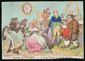 Leaving off Powder, or A Frugal Family save the Guinea, publicerad av Hannah Humphrey 1795 (handfärgad etsning)