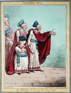 Les Membres du Conseil des Cinq Cents, plåt 3 av "Franska vanor", publicerad av Hannah Humphrey 1798 (färgad etsning) av James Gillray