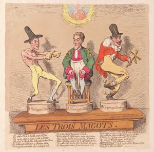Les Trois Magots, pub. 1791 (handfärgad gravyr) av James Gillray