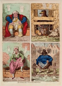 Nationella varor. (beskrivning och jämförelse av toaletter i England, Skottland, Frankrike och Holland). Verk av James Gillray (1757-1815), gravyr och akvarell av James Gillray