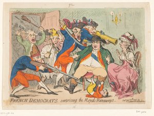 Ludvig XVI och Marie Antoinette fångade under flykten, 1791 Franska demokrater överraskar Royal Runaways av James Gillray