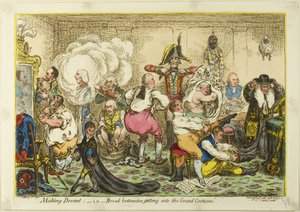Att göra sig anständig; dvs. breda bottnar Att komma in i den stora kostymen av James Gillray