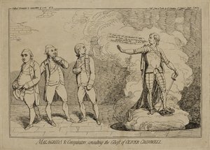 Malagrida and Conspirators, Consulting the Ghost of Oliver Cromwell, publicerad 10 juni 1782 (etsning på lagt papper inlagt på vävt papper) av James Gillray