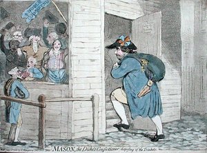 Mason, hertigens konditor som tar hand om prylarna, publicerad av Hannah Humphrey 1788 (handkolorerad etsning) av James Gillray