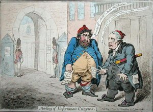Meeting of Unfortunate Citoyens, publicerad av Hannah Humphrey 1798 (handfärgad etsning) av James Gillray