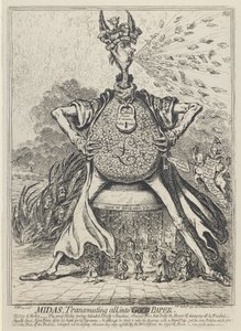 Midas, Transmuting allt till guldpapper, 1797 av James Gillray