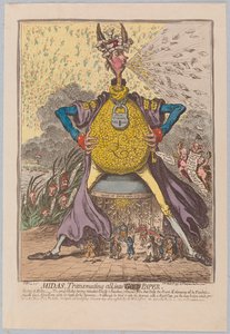Midas, Transmuting all into [Gold] Paper, pub. 1797 (handfärgad gravyr)