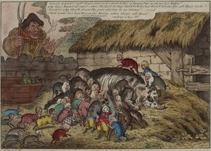 Fler grisar än spenar, eller – den nya kullen av hungriga grymtare som suger ihjäl John Bulls gamla sugga, 9 maj av James Gillray