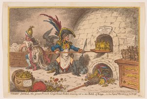 Napoleon bakar en ny del av kungar, 1806 Tiddy-Doll, den store franska-pepparkaksbagaren; dra ut en ny Batch of Kings (titel på objekt) av James Gillray