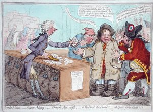 Opening of the Budget, or John Bull giving his breeches to save his Bacon, utgiven av Hannah Humphrey 1796 (handkolorerad etsning) av James Gillray