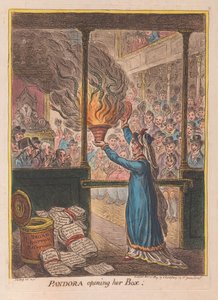 Pandora öppnar sin låda, pub. 1809 (handfärgad gravyr)