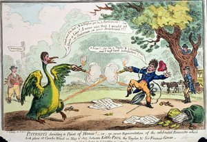 Patrioter som bestämmer en hederspunkt! eller En exakt representation av Rencontre som ägde rum i Coombe Wood den 2 maj 1807 mellan Little Paul the Taylor och Sir Francis Goose, publicerad av Hannah