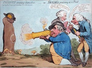Patrioter som roar sig, eller svenskar som övar på en post, publicerad av Hannah Humphrey 1792 (handfärgad etsning) av James Gillray