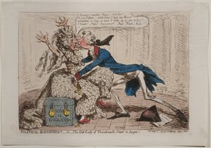 Political Ravishment, eller The Old Lady of Threadneedle Street i fara!, publicerad av Hannah Humphrey, 1797 (handfärgad etsning)