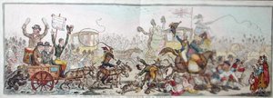 Posting to the Election: a scen on the road to Brentford, publicerad av Hannah Humphrey 1806 (handfärgad etsning) av James Gillray