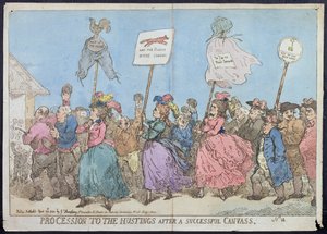 Procession to the Hustings after a Successful Canvass, publicerad av G. Humphrey 1784 (handfärgad etsning)