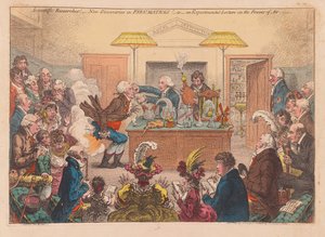 Vetenskapliga undersökningar! Nya upptäckter i Pneumaticks! Eller en experimentell föreläsning om Powers osf Air, pub. 1802 (handfärgad gravyr) av James Gillray