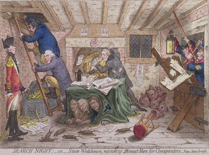 Search Night, or The State Watchmen Mistaking Honest-men for Conspirators, publicerad av Hannah Humphrey 1798 (handfärgad etsning)