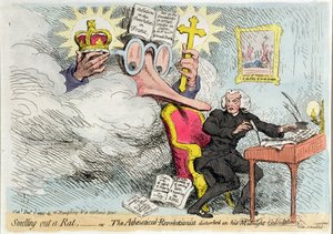 Att lukta på en råtta, eller den ateistiska-revolutionären störd i hans Midnight "Calculations", publicerad av Hannah Humphrey 1790 (handfärgad etsning) av James Gillray