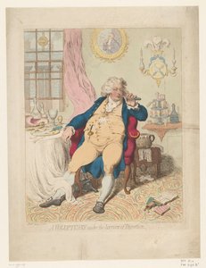 Spotprent op George IV, 1792 A voluptuary under the horrors of Digestion (titel på objekt) av James Gillray