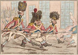 ?St George?s Volunteers laddar ner Bond Street, efter att ha rensat ringen i Hyde Park, och Storming the Dunghill vid Marlybone? av James Gillray