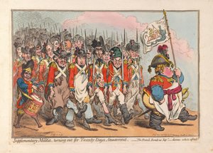 Kompletterande milis, som vänder ut för Twenty Days Amusement, pub. 1796 (handfärgad gravyr) av James Gillray