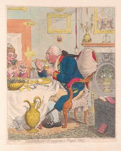 Temperance njuter av en sparsam måltid, pub. 1792 (handfärgad gravyr)