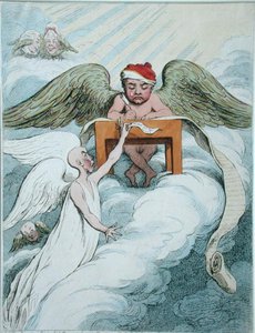 The Accusing Spirit and the Recording Angel, publicerad av Hannah Humphrey 1791 (handfärgad etsning) av James Gillray
