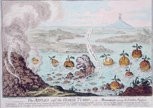 The Apples and the Horse-Turds, eller Buonaparte Among the Golden Pippins, publicerad av Hannah Humphrey 1800 (handfärgad etsning) av James Gillray
