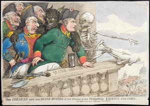 Korsikanen och hans blodhundar vid fönstret i Tuilleries, med utsikt över Paris, utgiven av Hannah Humphrey 1815 (handkolorerad etsning)