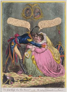 The First Kiss in Ten Years! or The Meeting of Britannia und Citizen Francois, utgiven av Hannah Humphrey 1803 (handkolorerad etsning med akvatint)