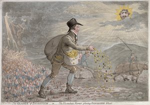 The Generae of Patriotism, eller The Bloomsbury Farmer som planterar Bedfordshire Wheat, publicerad av Hannah Humphrey 1796 (handfärgad etsning)