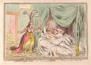The Jersey Smuggler upptäckte, eller goda skäl för separation, äktenskapslöften är falska som Dicers eder, pub. 1796 (handfärgad gravyr) av James Gillray