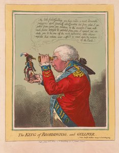 Kungen av Brobdingnag och Gulliver, pub. 1803 (handfärgad gravyr)