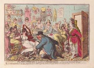 Känslans man på jakt efter oumbärliga varor; en scen på den lilla franska Milliners, pub. 1800 (handfärgad gravyr)