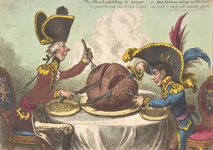 The Plumb-Pudding in Danger,-or-State Epicures Taring un Petit Souper, februari..., 26 februari 1805. av James Gillray