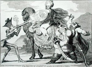 The Political Banditti Assailing the Savior of India, publicerad av W. Holland 1786 (etsning) av James Gillray
