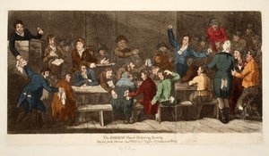 The ROBBING Hood Debating Society, pub S. Tipper, 1 januari 1809 (handfärgad gravyr) av James Gillray