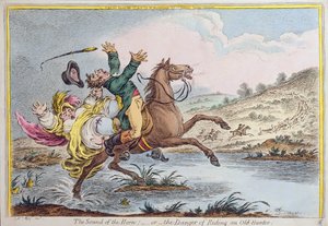 The Sound of the Horn, or The Danger of Riding an Old Hunter, utgiven av Hannah Humphrey 1807 (handkolorerad etsning)