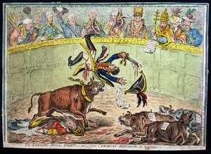 The Spanish Bull Fight, or The Corsican Matador in Danger, utgiven av Hannah Humphrey 1808 (handkolorerad etsning)