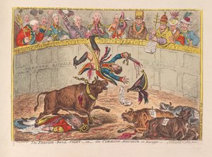 Den spanska tjurfäktningen eller den korsikanska Matadoren i fara, pub. 1805 (handfärgad gravyr)